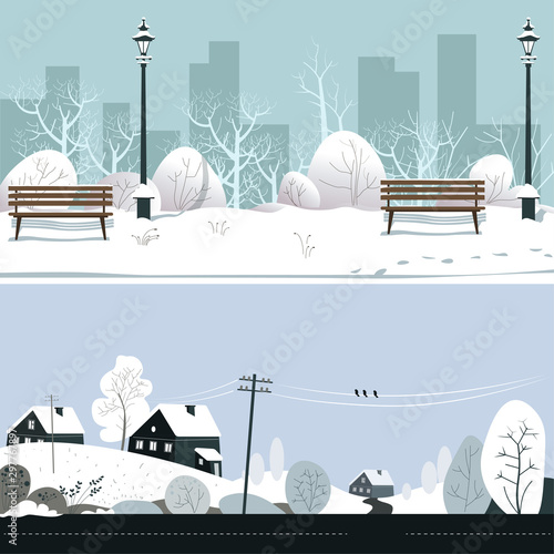 Park and countryside in winter, snowy landscape, benches and houses