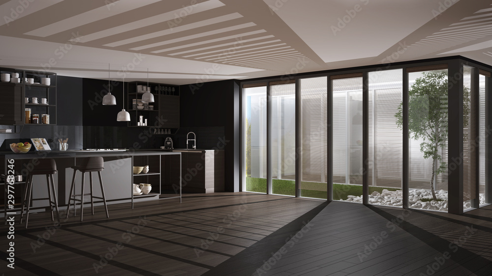 Illustrazione Stock Modern minimalist open space in patio house, gray and  wooden kitchen with island and stools, veranda with grass, marble stones  and tree, parquet and venetian blinds, interior design | Adobe