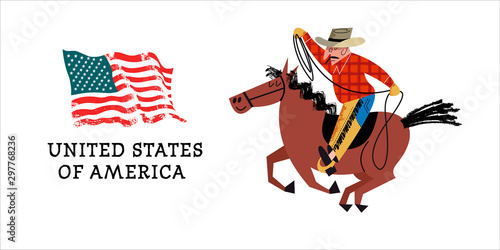 Cowboy on horseback. American flag. Vector illustration on white background.
