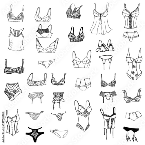 Collection of lingerie. Panty and bra set. Body. Vector illustrations. - Vector