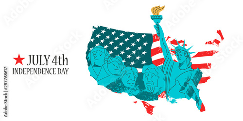 July 4 independence day. Vector illustration, poster, greeting card. Statue of liberty and memorial on mount Rushmore. American flag.