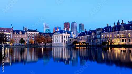 Skyline Of The Hague Den Haag with the buildings of the Binnenhof Palace, Mauritshuis Museum and modern office towers.