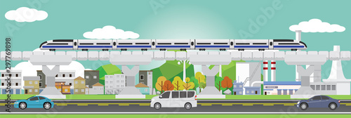 High-speed rail on the electric rail bridge through industrial community areas.Below there are cars traveling on asphalt roads.