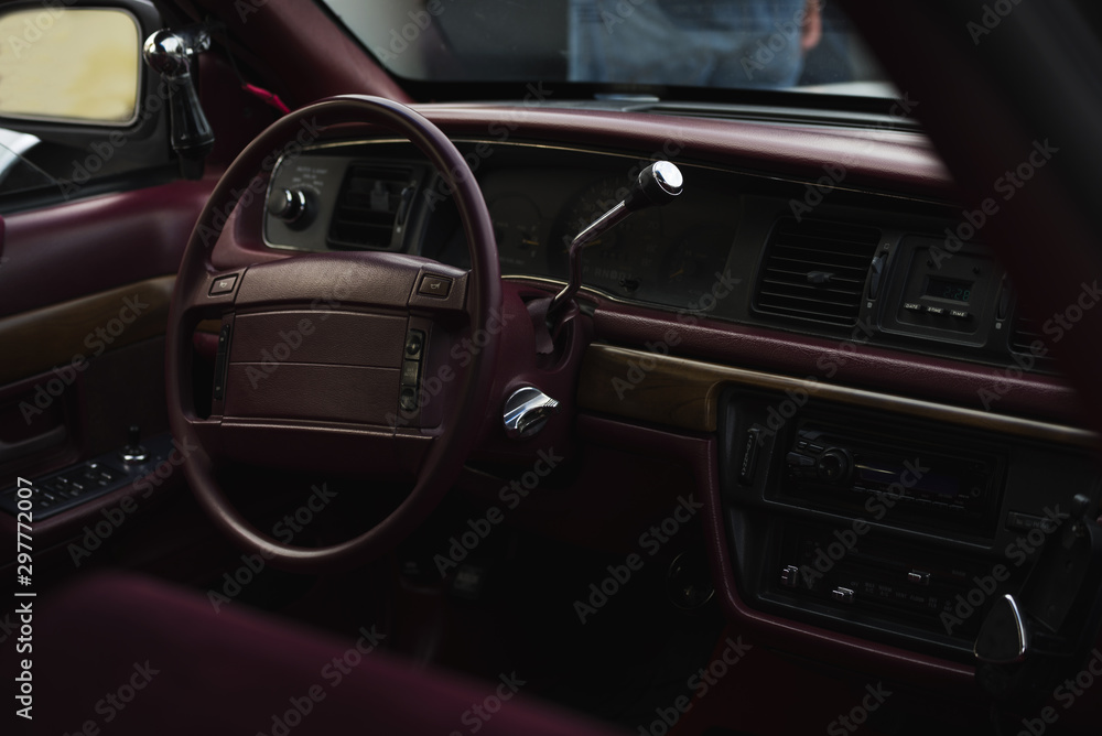 Car Key. Leather interior of a retro car.