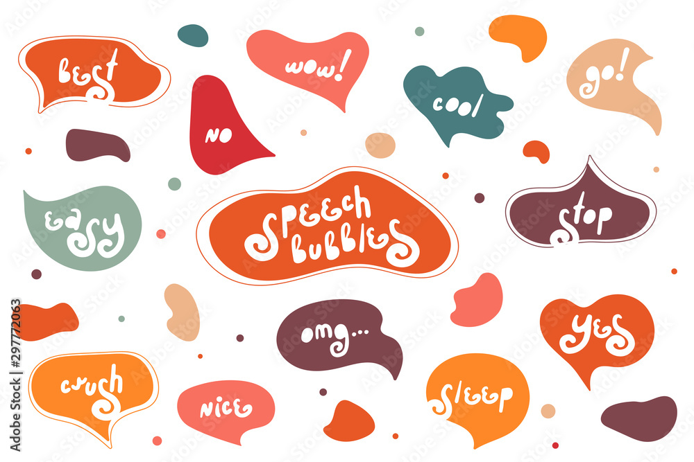 Big set of creative bright speech bubbles. Autumn style. Colorful doodle speech bubbles. Dialog windows with phrases: best, wow, yes, no, cool, go, stop, easy, crush, nice, omg, sleep Big set of creative bright speech bubbles. Autumn style. Colorful doodle speech bubbles. Dialog windows with phrases: best, wow, yes, no, cool, go, stop, easy, crush, nice, omg, sleep
