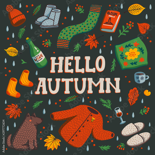 Hello autumn. Set of autumn essentials on dark background. Warm clothes, berries and leaves, etc. Collection of fall season elements. Flat style hand drawn vector illustration.
