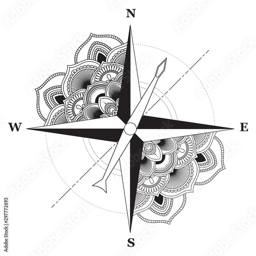 Sign of compass  with round ornament behind isolated on white background. Vector illustration