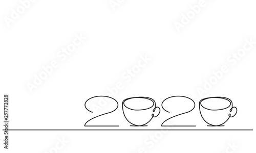 2020 text design. Vector greeting illustration with cups of coffee or tea. Greeting card for cafe