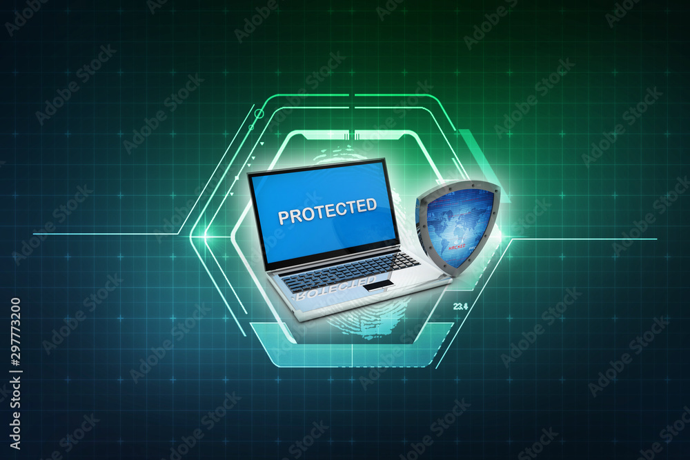 3d rendering laptop with shield      