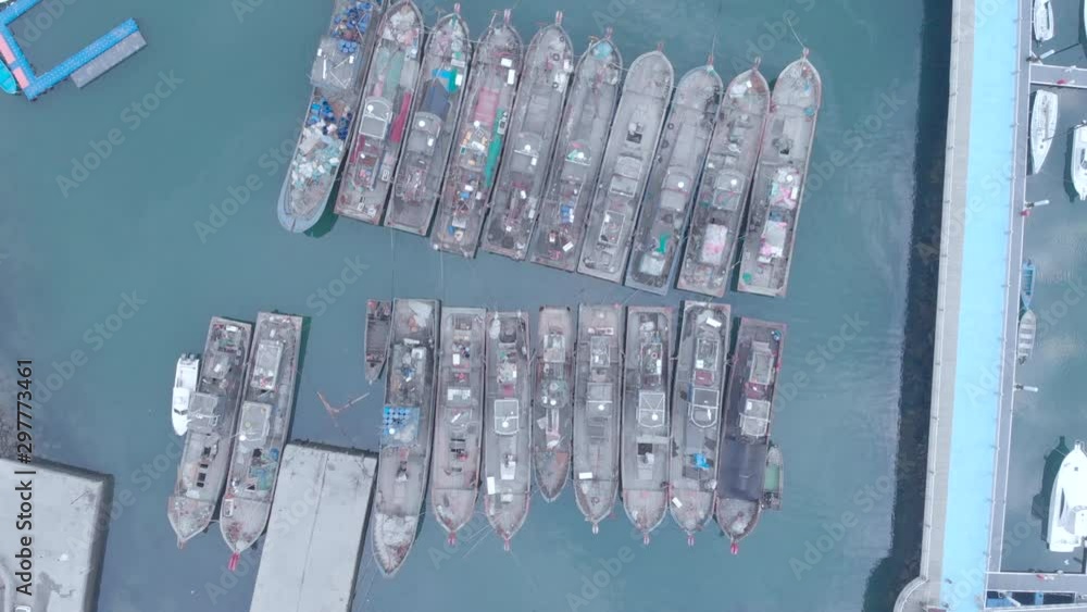 professional Aerial drone 4K shot of fisherman port during foggy morning in Dalian, China, 19-6-19 professional Aerial drone 4K shot of fisherman port during foggy morning in Dalian, China, 19-6-19
