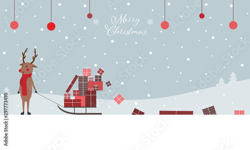 Merry Christmas - Geschenkkarte, Rentier zieht Schlitten mit Geschenken hinter sich her, Banner