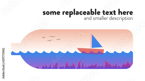 Vector illustration of boat swinging on the waves inside the bottle with text placeholder and white background
