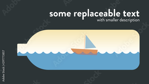 Vector illustration of boat swinging on the waves inside the bottle with text placeholder and dark background