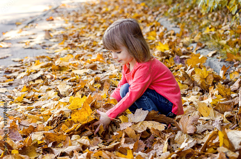 little girl in autumn park, kids active games, place for text little girl in autumn park, kids active games, place for text