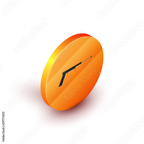 Isometric Fishing harpoon icon isolated on white background. Fishery manufacturers for catching fish under water. Diving underwater equipment. Orange circle button. Vector Illustration