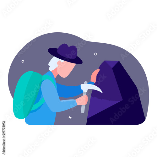 Concept of searching for mineral deposits. Geologist breaks a piece of rock with a pickaxe. A man examines a stone for the presence of beneficial impurities of metals