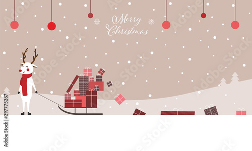 Merry Christmas - Geschenkkarte, Rentier zieht Schlitten mit Geschenken hinter sich her, Banner