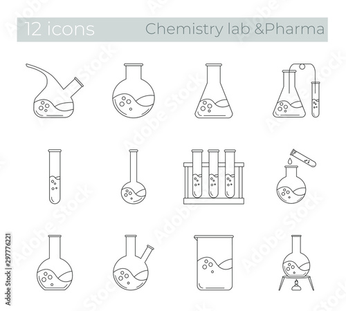 Set of chemistry laboratory or pharmacology icons isolated drawn on a white background in linear style.Test tubes, chemical beakers,measuring cups. Medicine, pharmacology, forensics,scientific