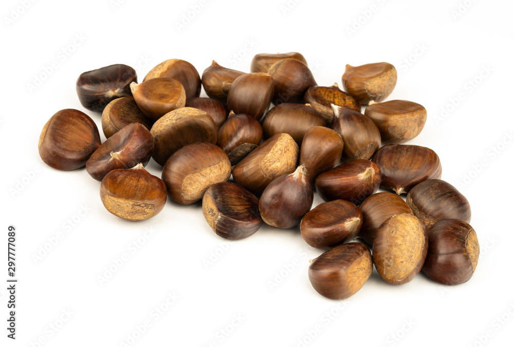 Chestnuts with shell isolated on white background, a pile of fresh chestnuts Chestnuts with shell isolated on white background, a pile of fresh chestnuts
