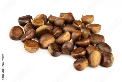 Chestnuts with shell isolated on white background, a pile of fresh chestnuts