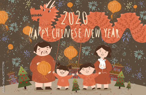2020, year of the rat, happy chinese new year. Happy Asian family celebrate the holiday with lanterns and a dragon. Сute drawing of Korean mother, father and children