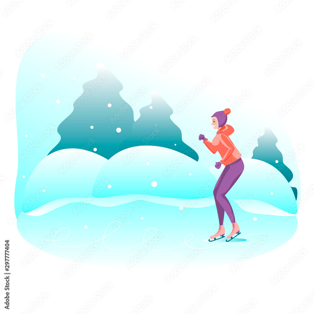 Young slim girl riding on the rink. Winter outdoor activities. Young slim girl riding on the rink. Winter outdoor activities.