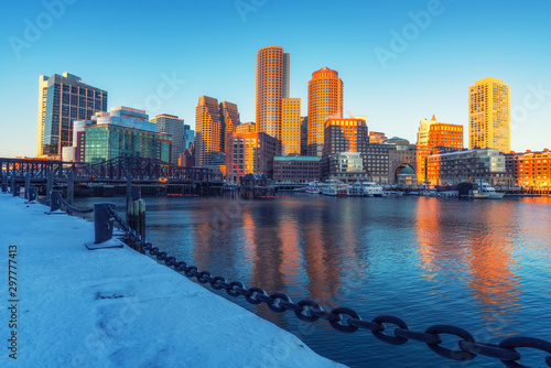 View on Boston city center at sunrise in winter