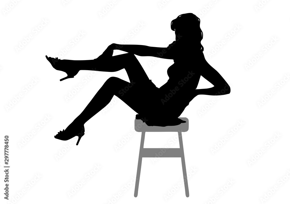Silhouette of a beautiful young slim girl  with long wavy hair, who is sitting on a bar stool with her legs raised up