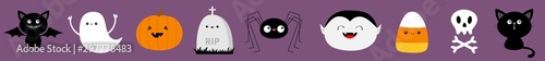 Happy Halloween line set. Bat, candy corn, ghost spirit, pumpkin, cat, dracula, skull bone, spider, gravestone. Cute cartoon kawaii funny baby character. Flat design. Violet background. Isolated.