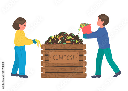 Composting. Children making compost. Recycling concept. 