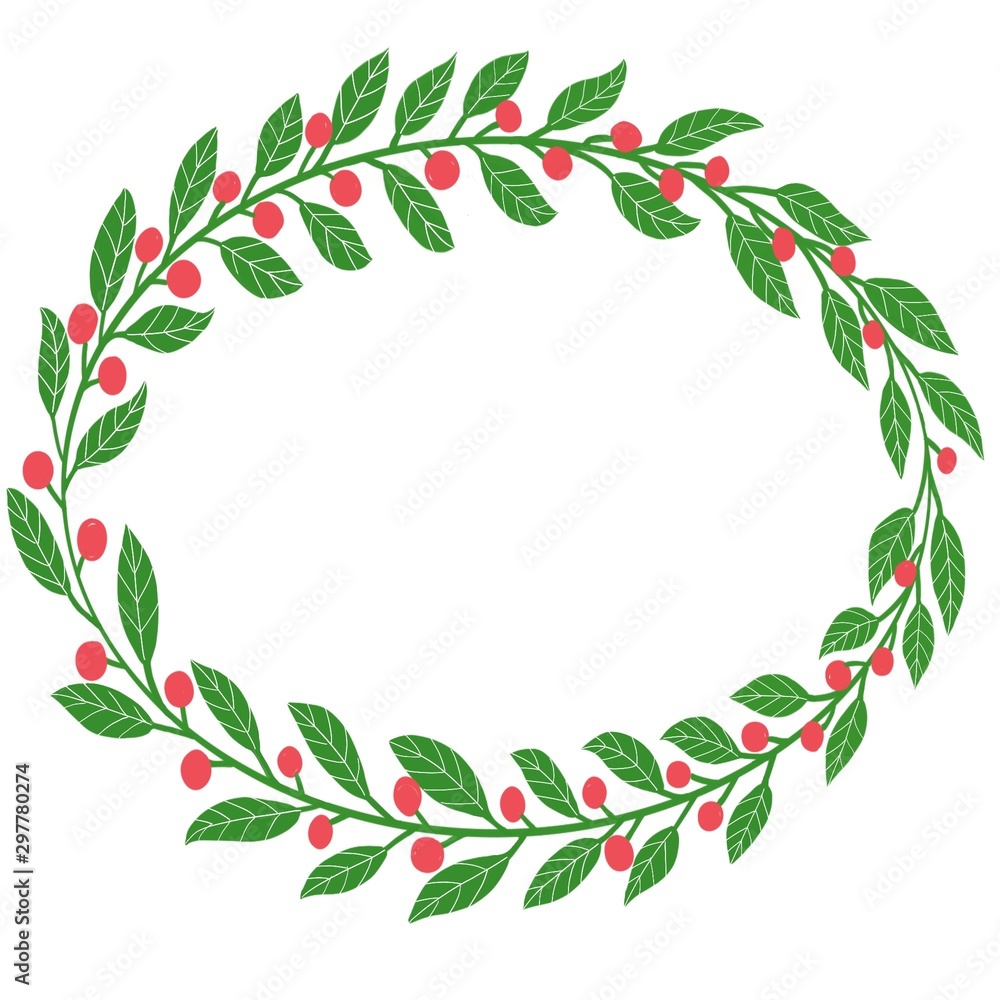 frame of green leaves and red berries for decoration of cards and wedding invitations.