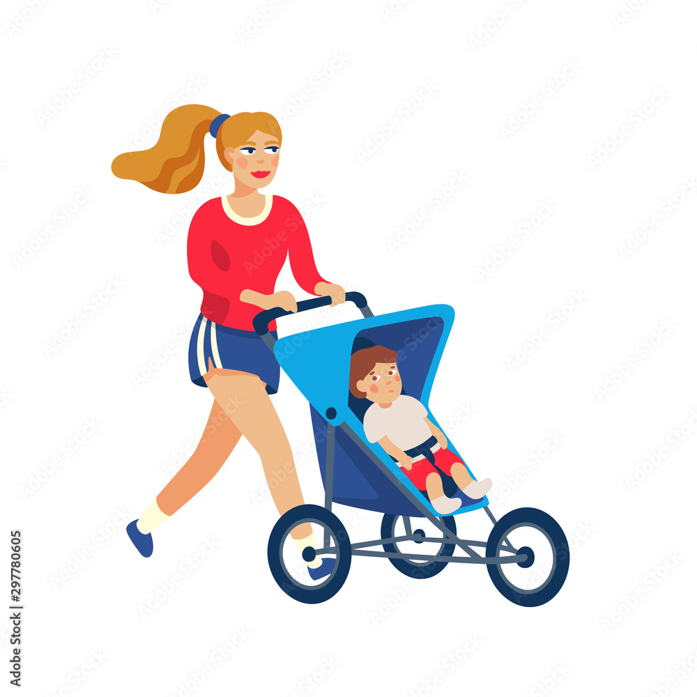 Young stylish Mother running with baby in stroller. Young mother jogging with baby carriage and. Cartoon style illustration Young stylish Mother running with baby in stroller. Young mother jogging with baby carriage and. Cartoon style illustration