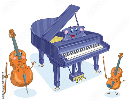 Musical instruments. Cheerful violin, cello and grand piano. In cartoon style. Isolated on a white background. Vector illustration.