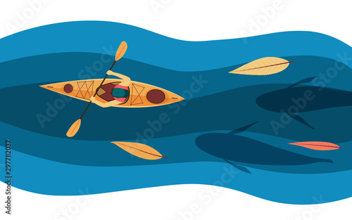 Kayak on the river with fishes top view.