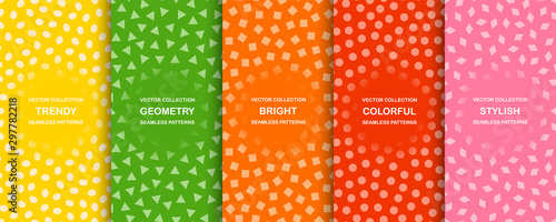 Collection of vector colorful seamless simple patterns. Bright stylish textures with randomly disposed shapes. Repeating abstract minimalistic backgrounds.