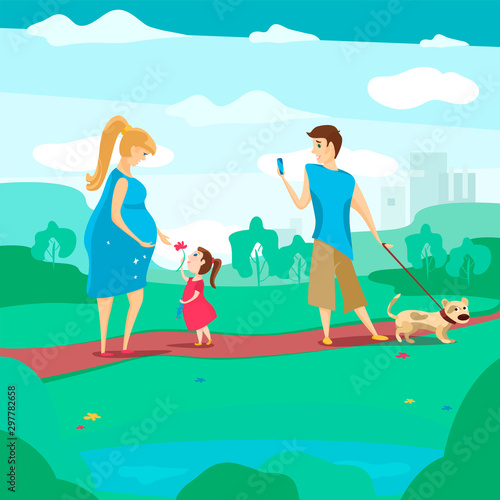 Happy family walking in the city Park with a dog. My daughter gives her mother a flower, dad takes a moment on the phone.