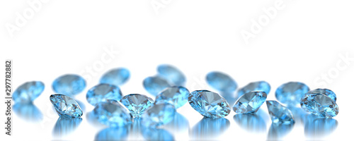 Group of blue diamonds gems placed on white glossy, 3d illustration soft focus. photo