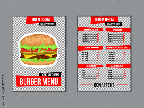 Menu for fast food restaurant with transparent background. template for brochure with burger on a transparent background