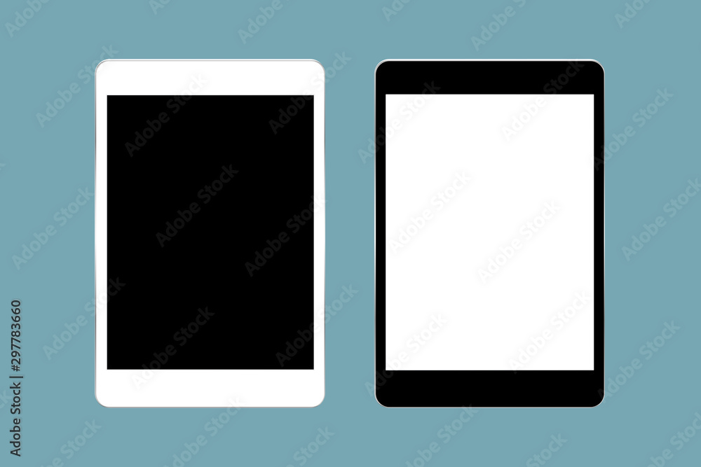 Black and white tablet computers mockups with blank screens isolated on yellow background with clipping path Black and white tablet computers mockups with blank screens isolated on yellow background with clipping path