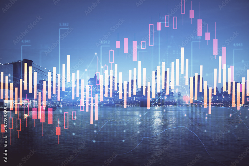Financial graph on night city scape with tall buildings background double exposure. Analysis concept. Financial graph on night city scape with tall buildings background double exposure. Analysis concept.