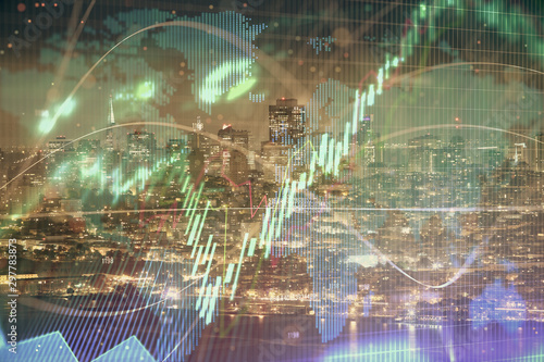 Financial graph on night city scape with tall buildings background double exposure. Analysis concept.