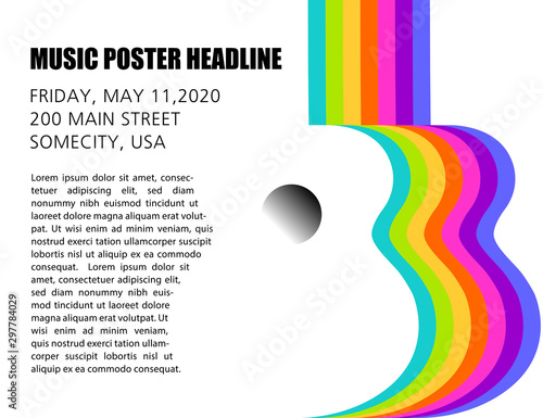 A unique, unusual and clever guitar poster in rainbow colors.  A template with multiple possibilities.  