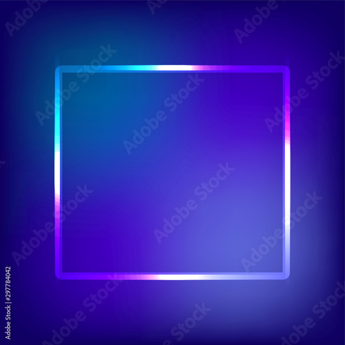 Neon sign.Rectangle glowing light banner with blank space. Electric rectangle frame on dark blue and pink background.Neon right-angled background with flares and sparkles. Vintage vector illustration