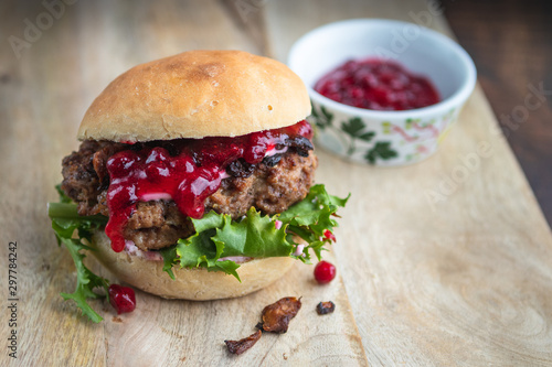 Home made moose burger with lingonberry jam.