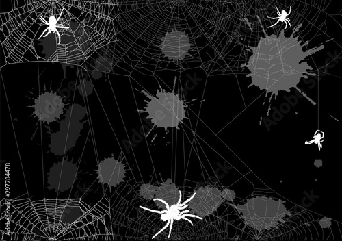 background with spider in webs and blots isolated on black