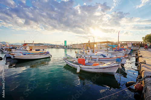 Harbor with leisure and fishing boats at anchor, Perdika, Egina Island, Greece.