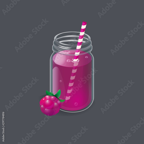 Raspberry lemonade in a jar with a straw and a berry aside. Full vintage glass of homemade refreshment drink. Vector illustration isolated on dark background.
