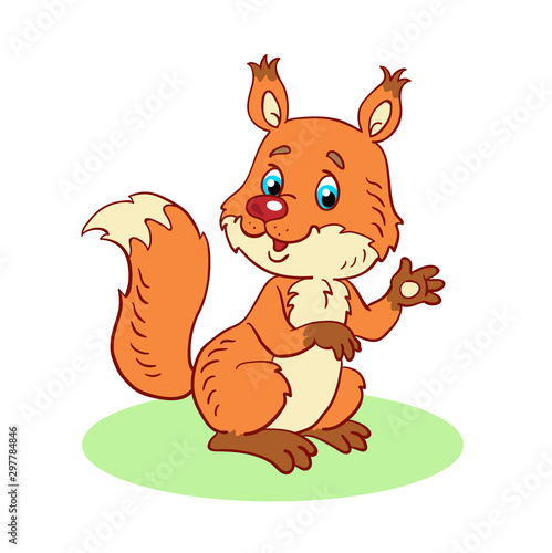 Little funny squirrel is sitting. In cartoon style. Isolated on a white background. Vector illustration.
