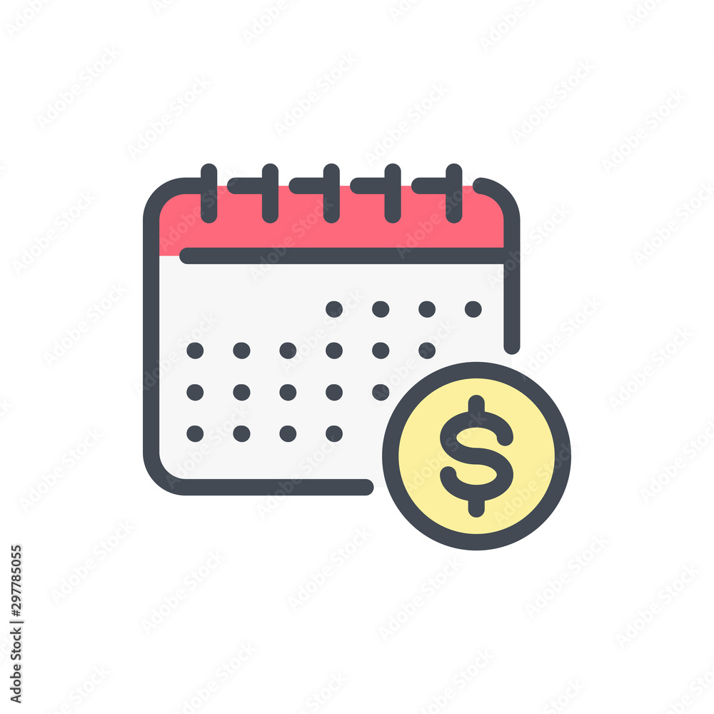 Payday color line icon. Calendar with dollar coin vector outline colorful sign. Payday color line icon. Calendar with dollar coin vector outline colorful sign.