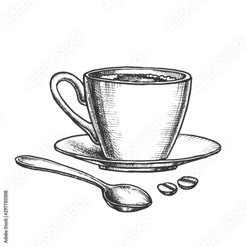 Coffee Cup On Saucer With Spoon Monochrome Vector. Energy Espresso In Mug And Coffee Grains. Morning Hot Drink Engraving Concept Template Hand Drawn In Vintage Style Black And White Illustration